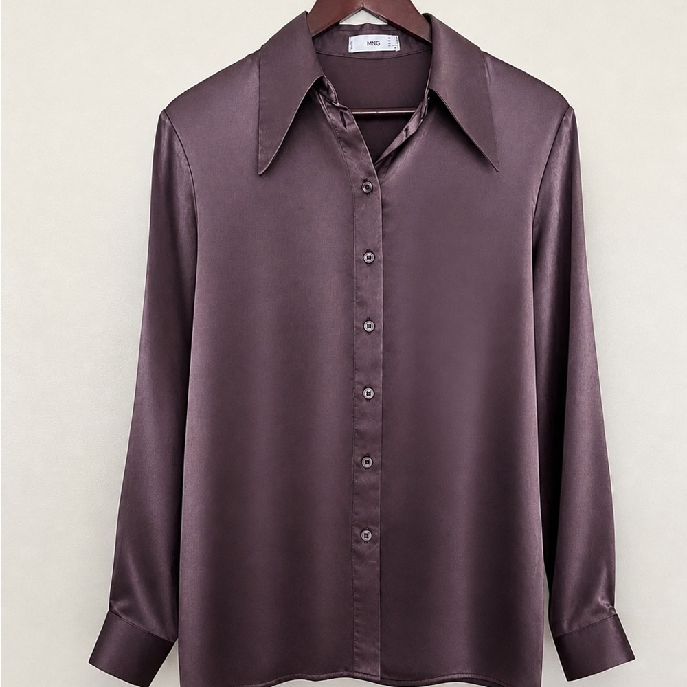Mango Satin Button-Up Blouse Plum Purple Silky Shirt New No Tags